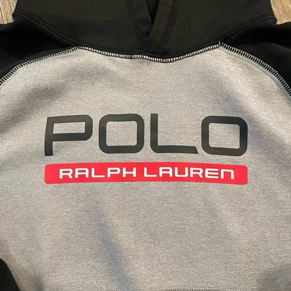 Ralph Lauren kids SZ small polyester hoodie. Black grey & red. Good condition